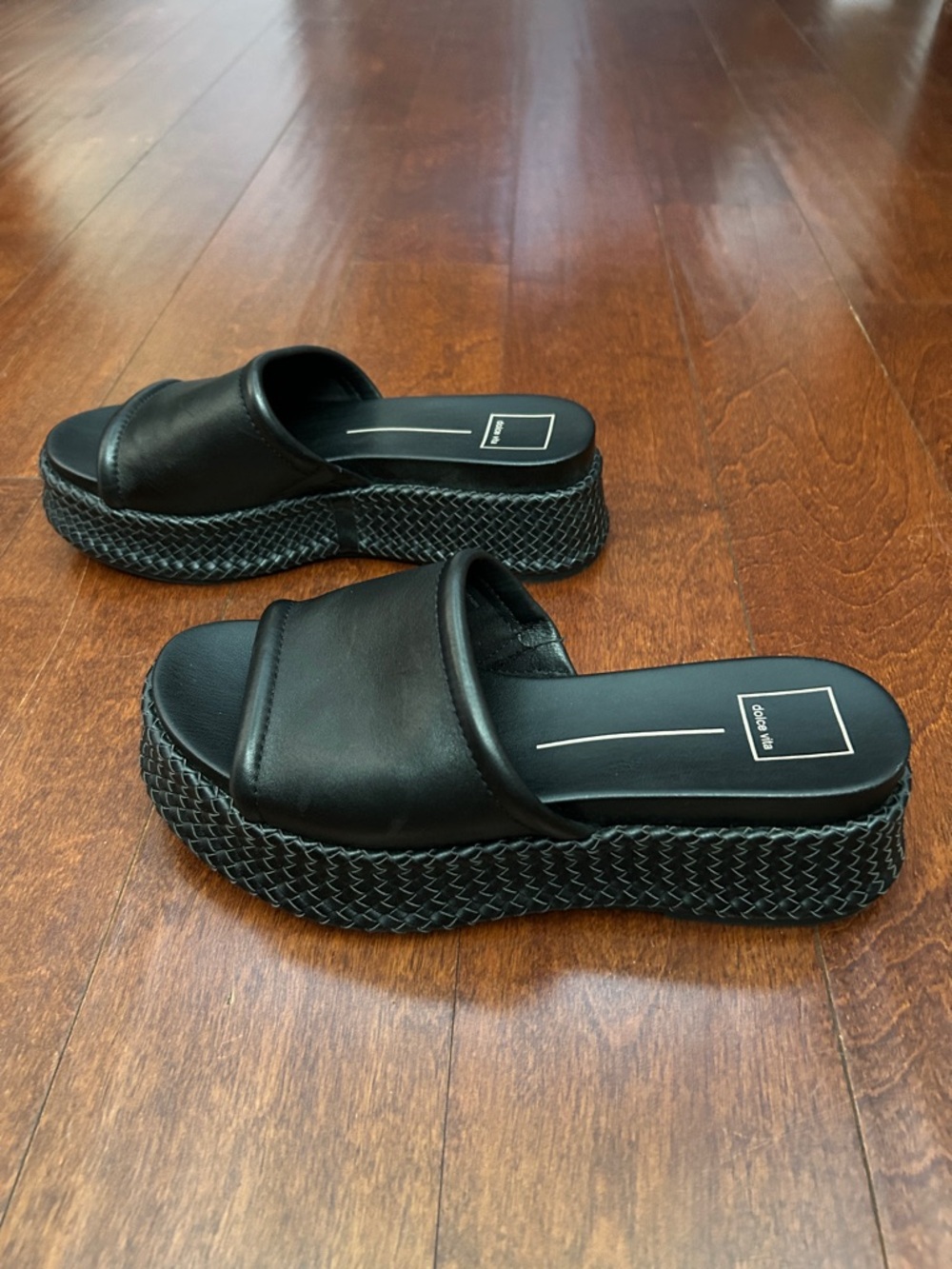 Dolce Vita Wimsyn Black Leather Platform Slide with Woven Platform, Size 8.5